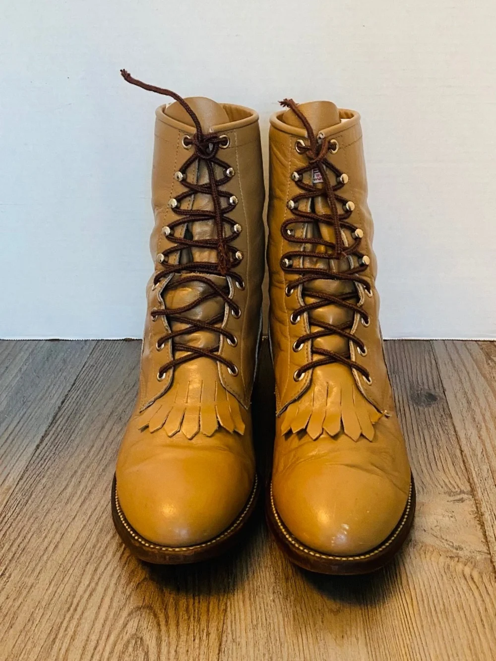 Vintage Justin Lace Up Roper Men Beige Leather Kiltie Boots, 8 D.
